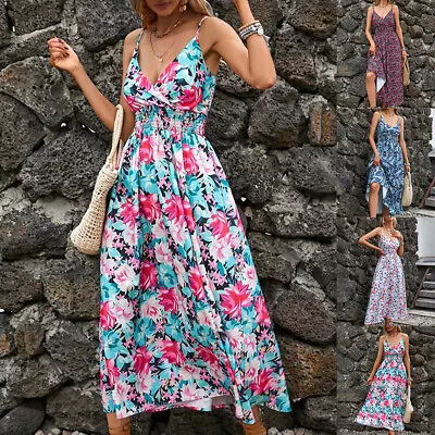 Women V Neck Boho Floral Maxi Dress Holiday Beach Strappy Ruffle Swing Sundress • £13.59