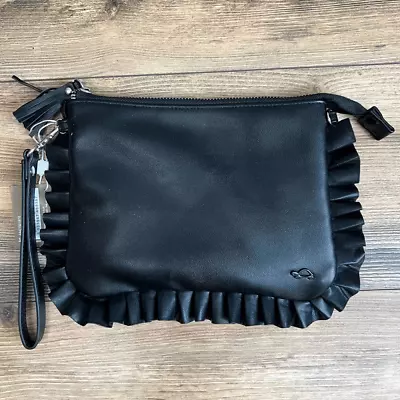 Vintage Carpisa Black Faux Leather Ruffle Trim Clutch Shoulder Wristlet Bag • $30