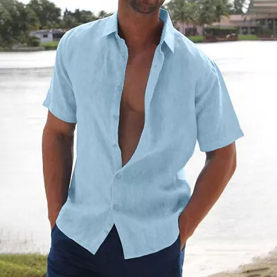 Mens Casual Button Down Shirts Short Sleeve Beach Linen Cotton Summer Shirt❀ • $13.99