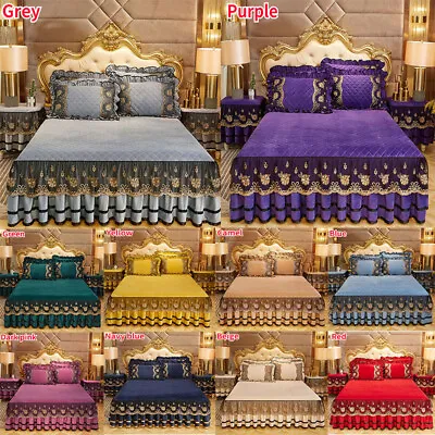 Lace Ruffle Flannelette Bed Skirt Sheet Quilted Bedspread Pillowcase Bedding • £86.27