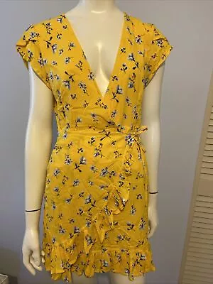 Zaful Floral Print Fit & Flare Dress Yellow Sexy Deep V-Neck Women's Size S 4 • $15.95