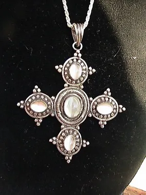 $79.50 • Buy Antique Sterling & Gray Cats-Eye Scapolite Crusaders Cross & Necklace - 30  