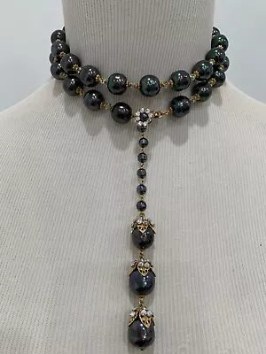 Sign Miriam Haskell Black Pearl Baroque Crystal Rhinestone Necklace Jewelry 42” • £285.31