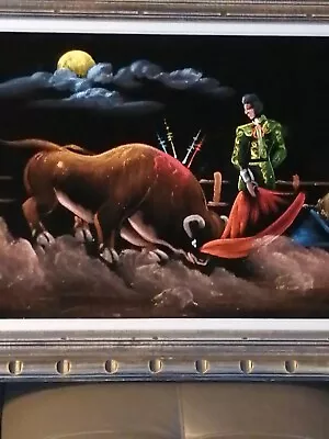 Vintage X  Large Black Velvet Matador Bull Fight Painting Signed 48 X26   Framed • $86.92