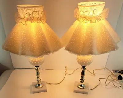 Vintage Table Lamp Pair Boudoir Hobnail White Lace Bedroom 1950s Cottagecore • $110