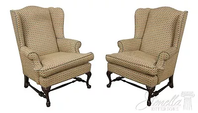 57772EC: Pair Queen Anne Stretcher Base Upholstered Wing Chairs • $1295