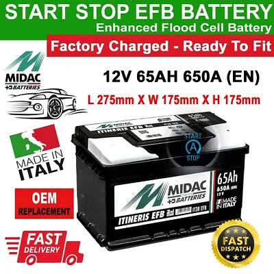 MIDAC IT3B EFB Car Battery Stop Start 12V 65Ah 650A FORD FIESTA VI 1.0 Eco Boost • £84.99