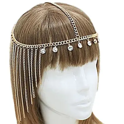 Bride Forehead Jewelry Boho Crystal Hair Chain Tassel Elven Wedding Headpiece • $27