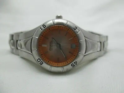 Fossil Blue Watch Silver Tone All Stainless Steel Round Orange Face Wr 100m • $49