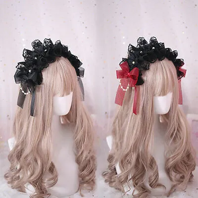 Women Gothic Maid Cosaplay Black Lace Bead Bowknot Headwear Girl Lolita Headband • $17.81