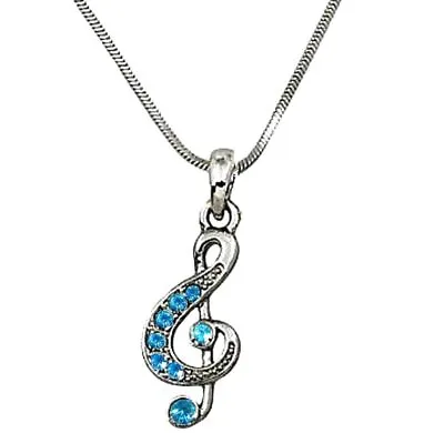 Silver Tone Blue Crystal Treble G Clef Music Note Pendant Chain Necklace • $9.95
