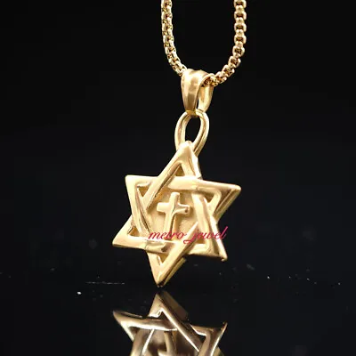 Gold Mens Judaica 6 Point Star Of David Cross Pendant Necklace Stainless Steel • $34.25