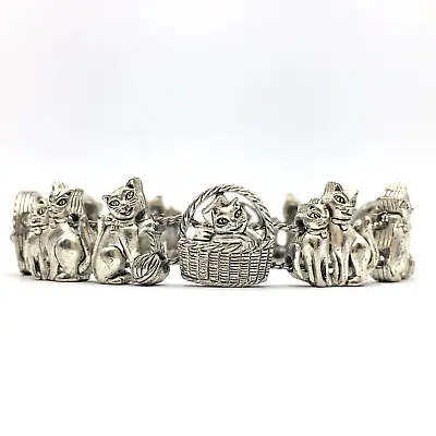 Vintage TOFA Slide Cat Charm Bracelet Silver Tone Fold Over Clasp Cat Lady Kitty • $15