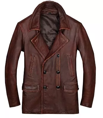 Mens Brown Blazer Coat Peacoat Motorcycle Cafe Racer Distress Leather Jacket • $149