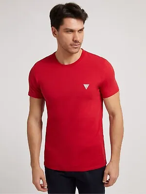 GUESS Men's T Shirt M1RI24J1311 Front Small Logo Triangle Slim Fit Red White • £27.99