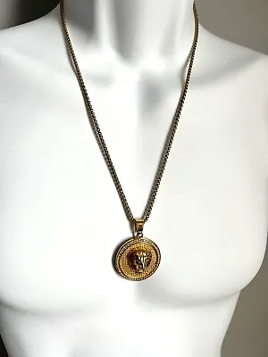 Men's Crystal Lion Medallion 24  Pendant Necklace In Yellow Ion-Plated Stainless • $79