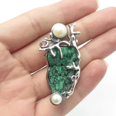 925 Sterling Silver Vintage Real Malachite Pearl & Sapphire Modernist Pendant • $164.95