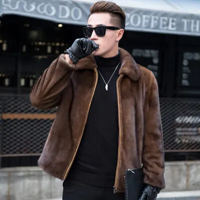 Fur Coat Men Brown Lapel Mink Fur Mink Coat Fur One-piece Jacket Casual Overcoat • $161.99