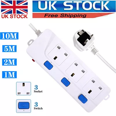 Surge Protected Extension Lead 3 Gang Way 2m 5m 10m Power Cable UK Plug Socket • £8.99
