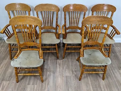 DINING CHAIRS 6 Carved Oak Spindle Back 4 Carvers 2 Side Chairs Country Kitchen • £109