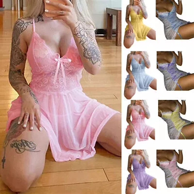 UK Womens Sexy Lace Lingerie Nightdress See-through Sleepwear  G-String Babydoll • £1.99