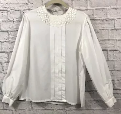 VTG Judy Bond White Secretary’s Blouse Pleated Front Crochet Neck Line Large • $16