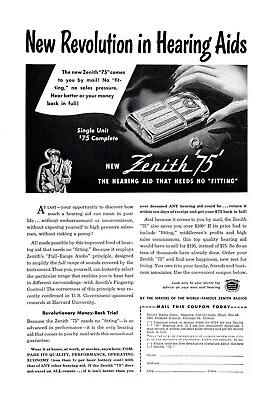 Zenith Hearing Aid Needs No Fitting 40's Vintage Medical Equipment Print Ad 1948 • $10.99