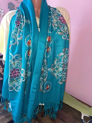 Women’s Mexican Turquoise Embroidered Rebozo (Shawl/ Wrap) • $25