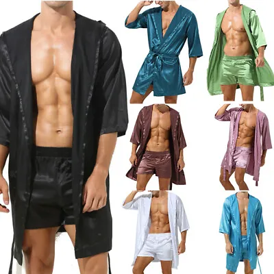 Men's Bathrobe Silk Satin Kimono Bathrobe Men Hooded Pajamas Sexy Sleepwear • $10.23