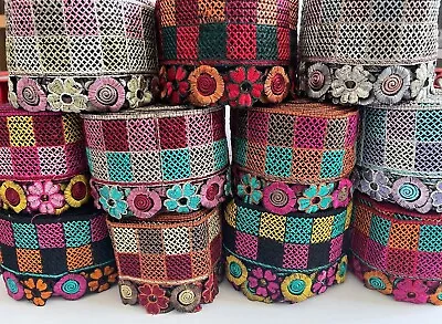 6m Roll 3  (75mm) Wide Floral Embroidered Trim Lace Craft Indian Edging • £4.99