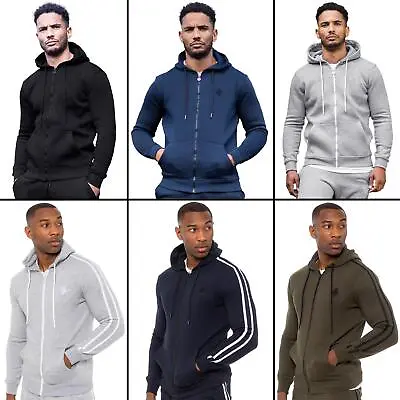 Enzo Mens Zip Up Hoodie Fleece Hoody Top Plain Stripe Casual Hooded Sweat Jacket • £15.99