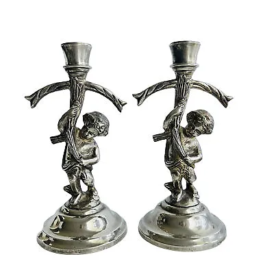 Vintage Silver Plated  Cherub Figure Set Of 2 Candlestick Holders. READ • $37.50