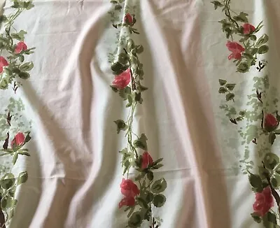 Vintage Mid Century Floral Roses Ivy Stripe Cotton Fabric~ Red Pink Olive Green • $49.99