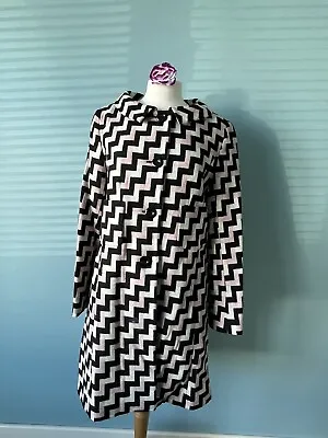 VTG Hobbs Pink Black Cream Geometric Zig Zag Pattern Lambs Wool Coat Size 14 • £54.99