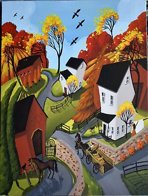 Original Folk Art Painting Whimsical Barn Country Landscape Dog Cat Horse Bird • $138