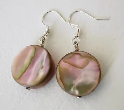 Vintage Mother Of Pearl Abalone Shell Sterling Silver Earrings New 20mm Drops • £7.95