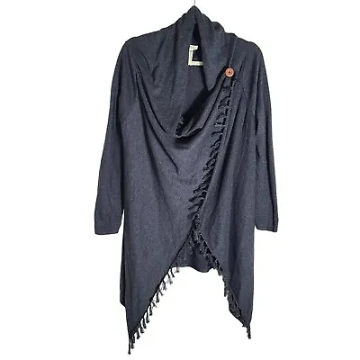 Matilda Jane Size Medium Drape Wrap Long Sleeve Fringe Cardigan Sweater Gray • $29.95
