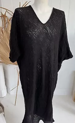 La Bottega Di Brunella Italian Linen Garzata One Size Black Linen V Neck Dress • $240