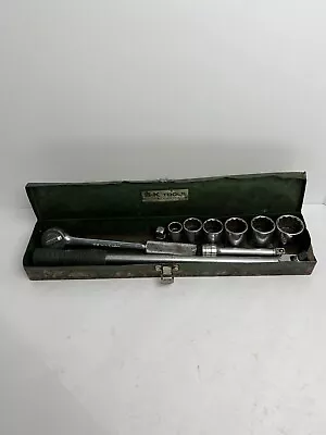 Vtg S-K Tools 1/2” Drive 12-pt 10-pc Socket & Ratchet Set W/ Green Metal Box • $57.99