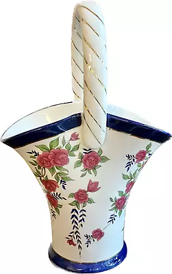 Vintage Nippon Floral Basket Vase Hand Painted Porcelain 12 In Tall • $19