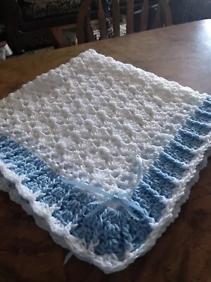 $35 • Buy Handmade NEW Crochet Baby Blanket White W/Blue Trim & Ribbon Afghan Shells 33x33