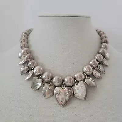 Vintage 90's Bold Chunky Silver Heart Charms Beaded Necklace W/ CASE 96g Choker • $175