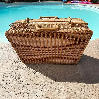 Mid-Century🌺 Wicker Picinic Basket Suitcase Vintage Shabby Chic Prop • $24.99