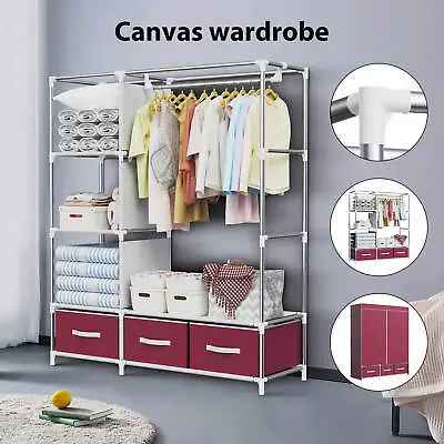 Double Large Canvas Material Wardrobe Storage FabricCloset +3 Storage Boxes NEW • £30.99