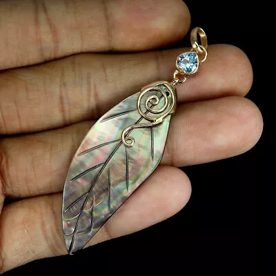 Natural Mother Of Pearl 52x11mm Sky Blue Gemstone 925 Sterling Silver Pendant • $34