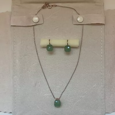 Murano Glass Earrings And Necklace Set Green With 16” Rose Gold Plated Chain • $19.99