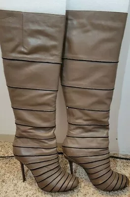 L.A.M.B. Gwen Stefani Over-The-Knee All Leather Boots Women Sz 7.5M Taupe • $132.56