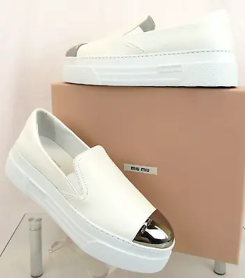 Nib Miu Miu Prada 5s905c White Leather Logo Metal Cap Toe Platform Loafers 40 • $325