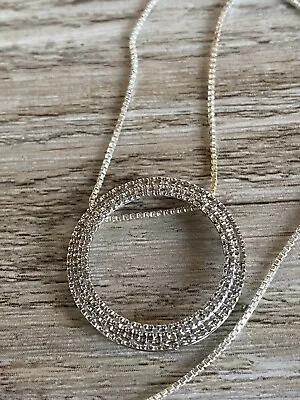 Sterling Silver Round Diamond Circle Pendant 18” Box Chain Necklace 925 • $49.99