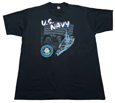 Vintage US Navy T Shirt 2XL Black Short Sleeve Battleship Armed Forced USA Seals • $12